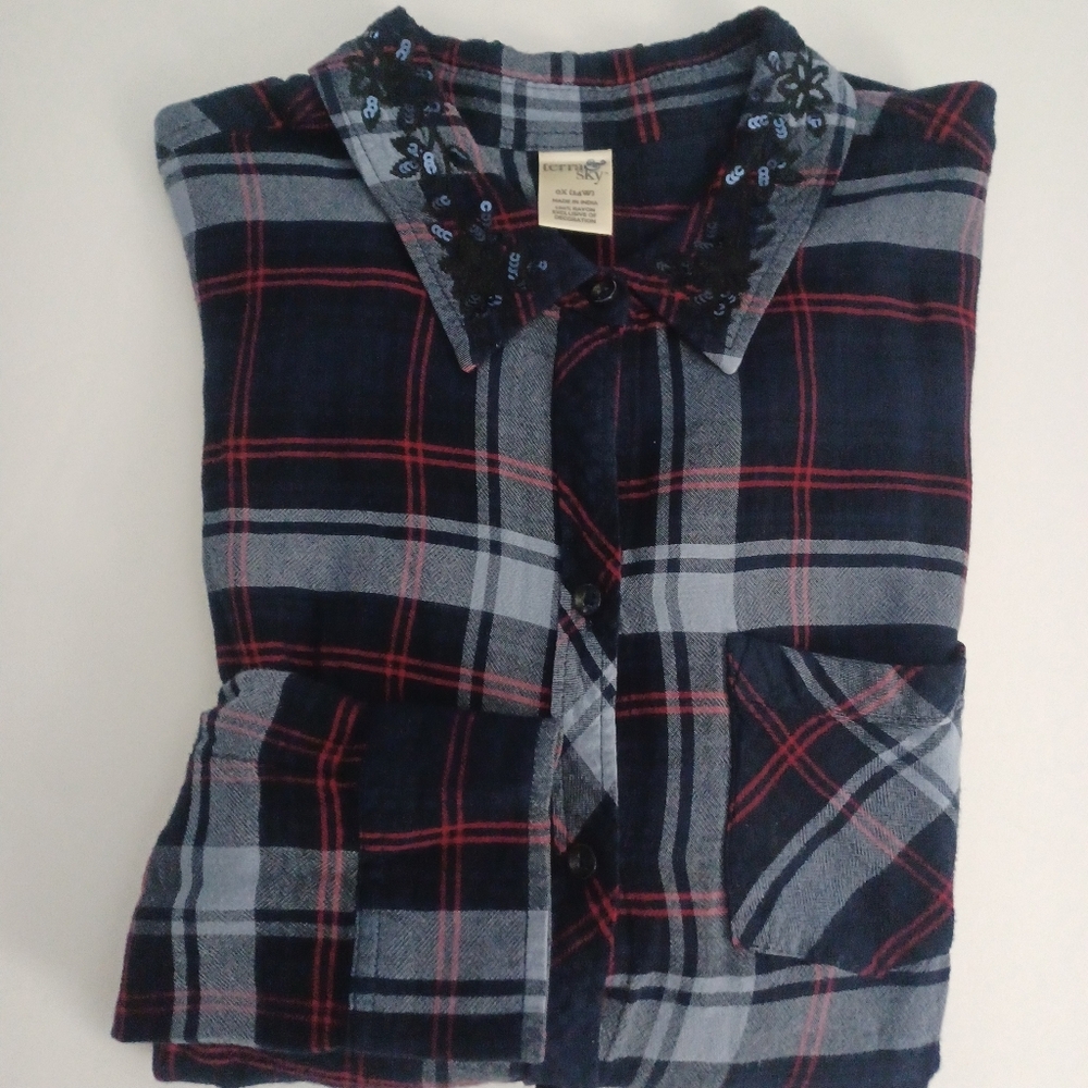 Terra & Sky Cove Plaid Button Down Flannel Sequin Collar Sz 0X